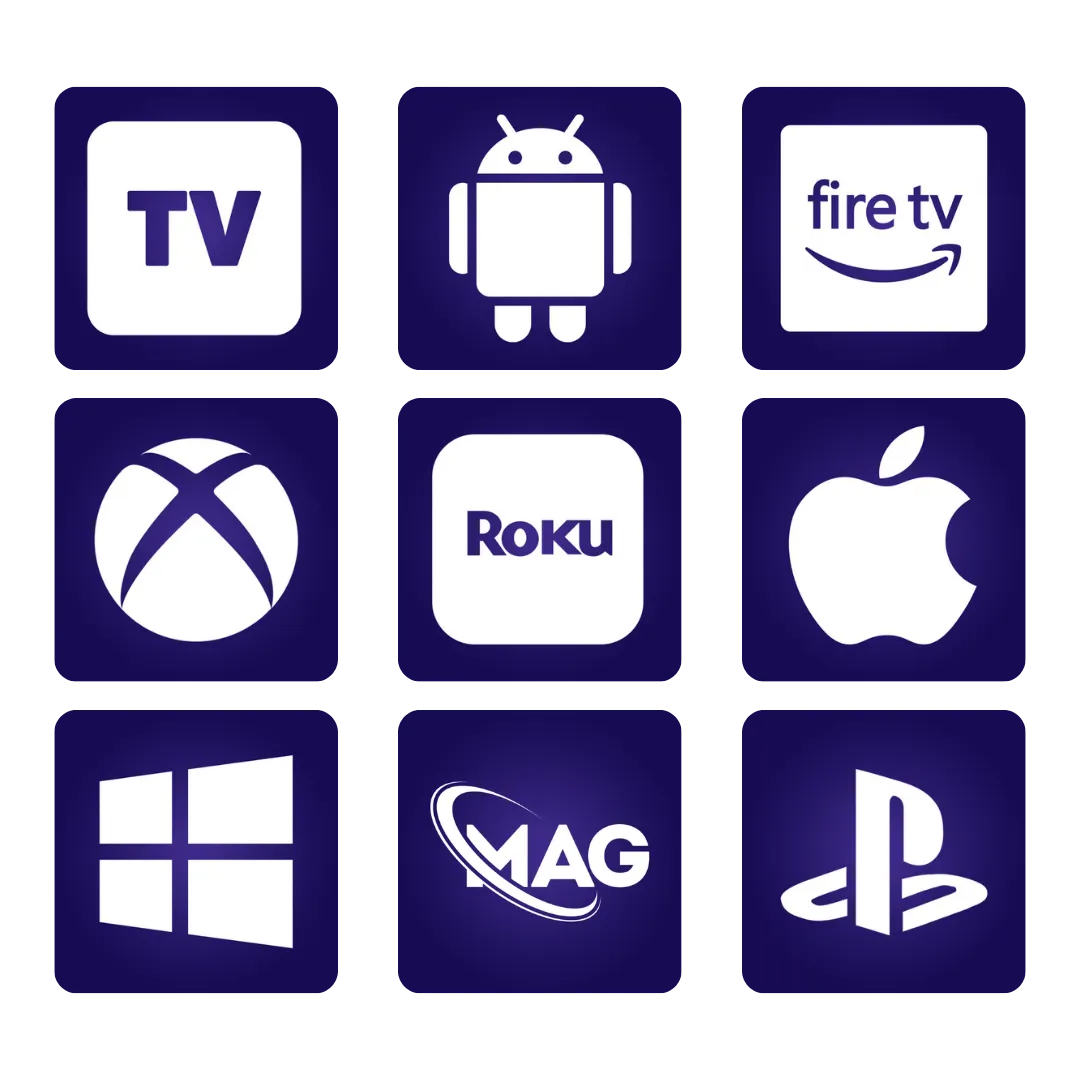 Devices that support UK IPTV: Smart TV, Android, Fire TV, Xbox, Roku, Apple, Windows, MAG and PlayStation